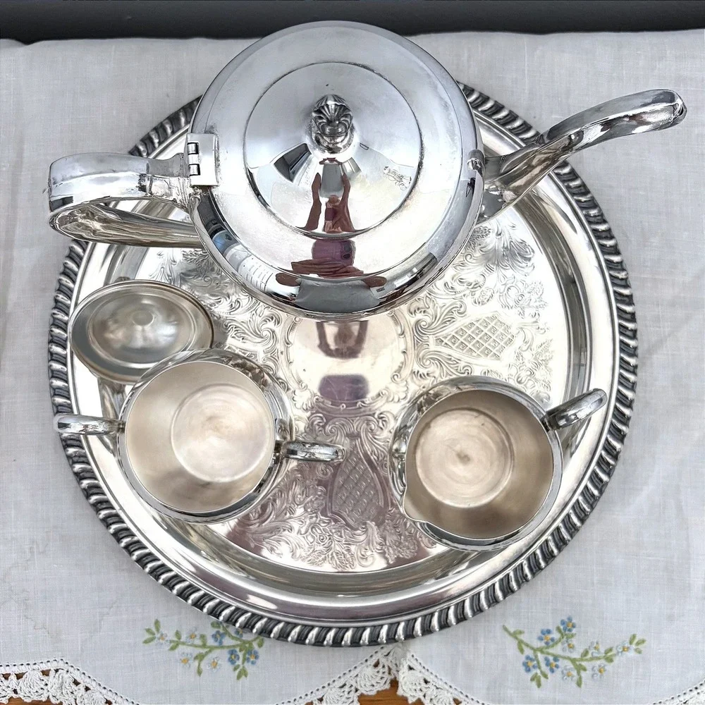 Vintage Silver Plated 4pc Tea Set Chased Floral Teapot Sugar Creamer Round Tray